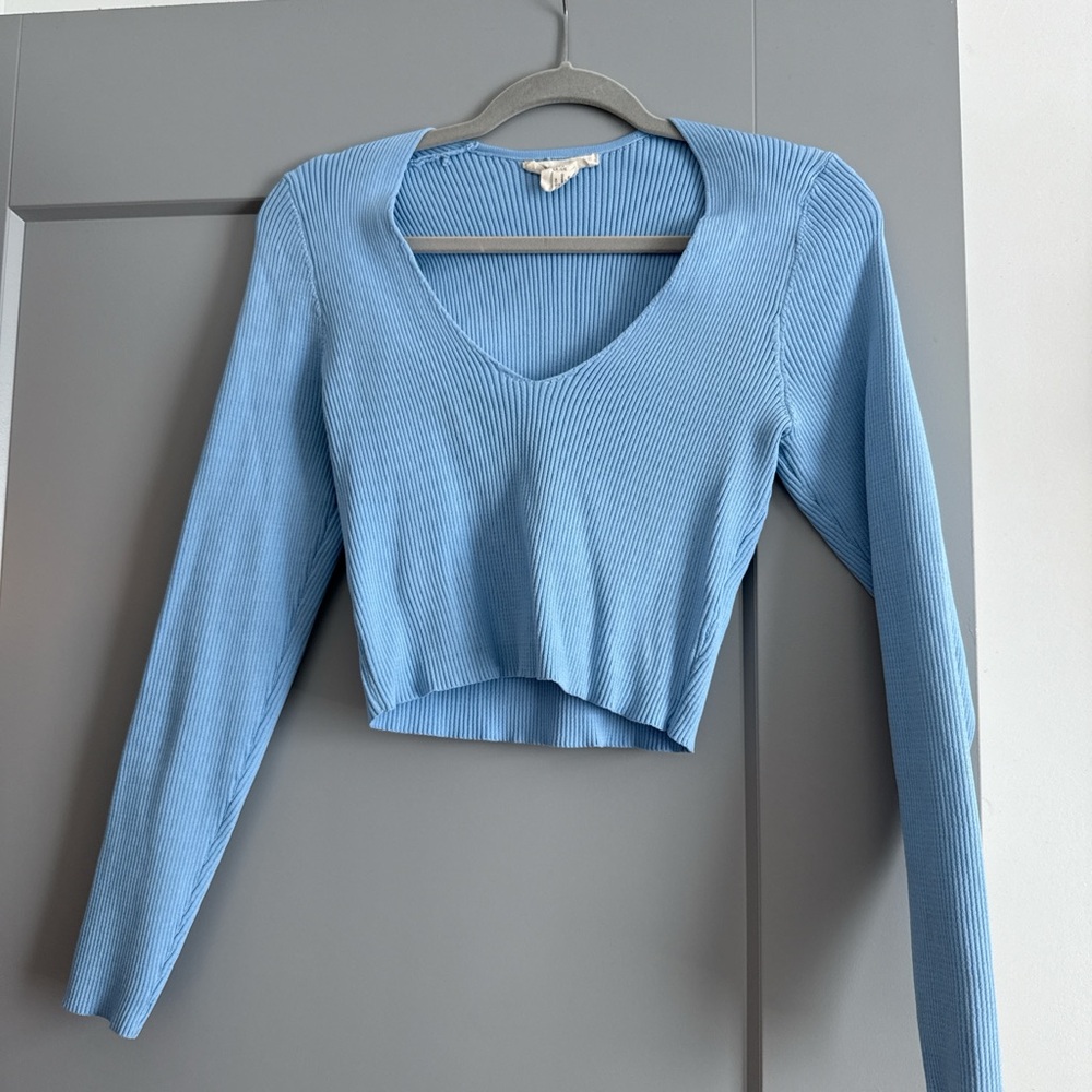 Blue Ribbed V-Neck Women's Top